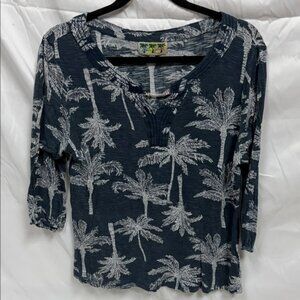 Tropical Palm Print Navy Blouse